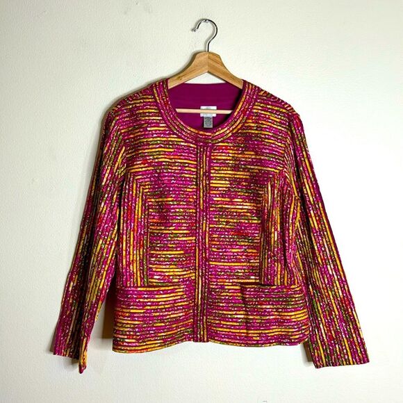 Chicos Pink Colorful Stripe Collarless Button Front Blazer Jacket Women Size 2 - Picture 1 of 9
